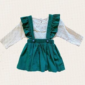 Green Corduroy Ruffled Pinafore w/ Blouse Set